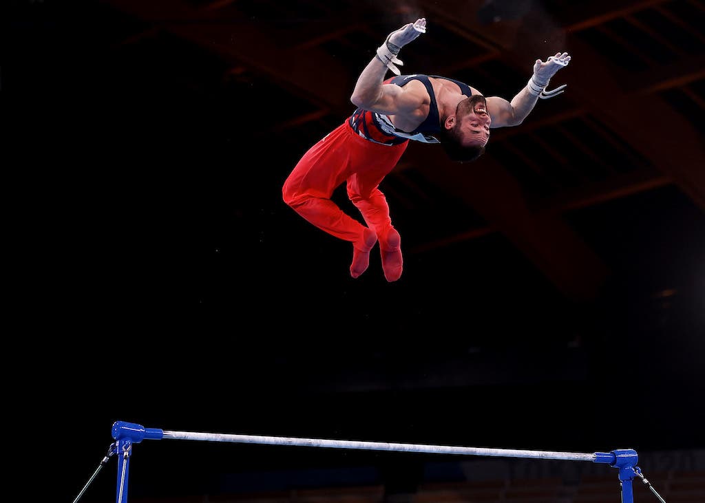 TOKYO, JAPAN - JULY 28: James Hall of Team Great Britain competes on horizontal bar during the Men's All-Around Final on day five of the Tokyo 2020 Olympic Games at Ariake Gymnastics Centre on July 28, 2021 in Tokyo, Japan. (Photo by Jamie Squire/Getty Images)