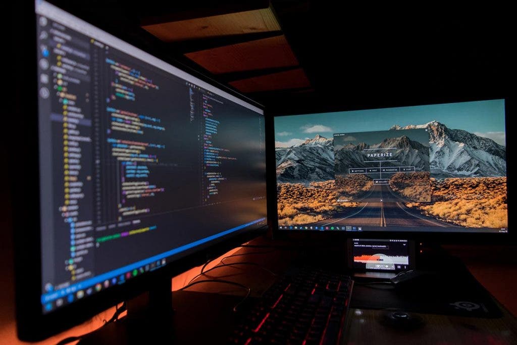 dual monitor setup on computer desk