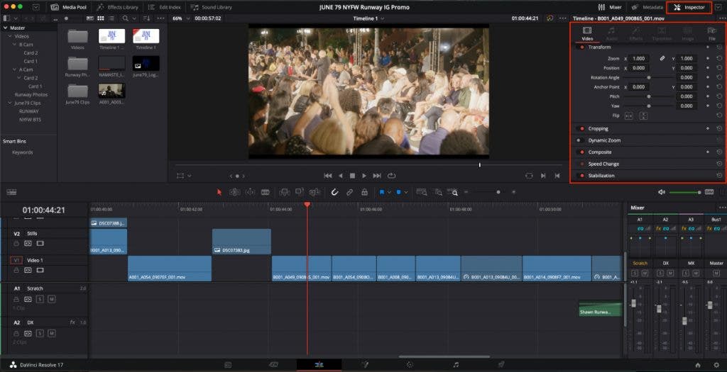 Inspector Window, DaVinci Resolve