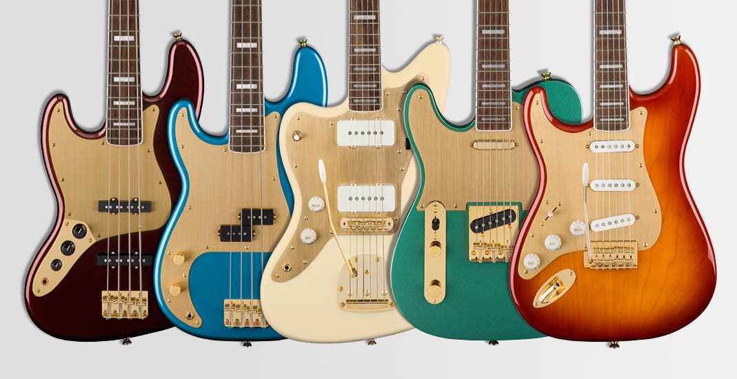 Squier 40th Anniversary Guitars in Gold Edition. Photo from Fender. Squier 40th Anniversary Guitars in Gold Edition. Photo from Fender.