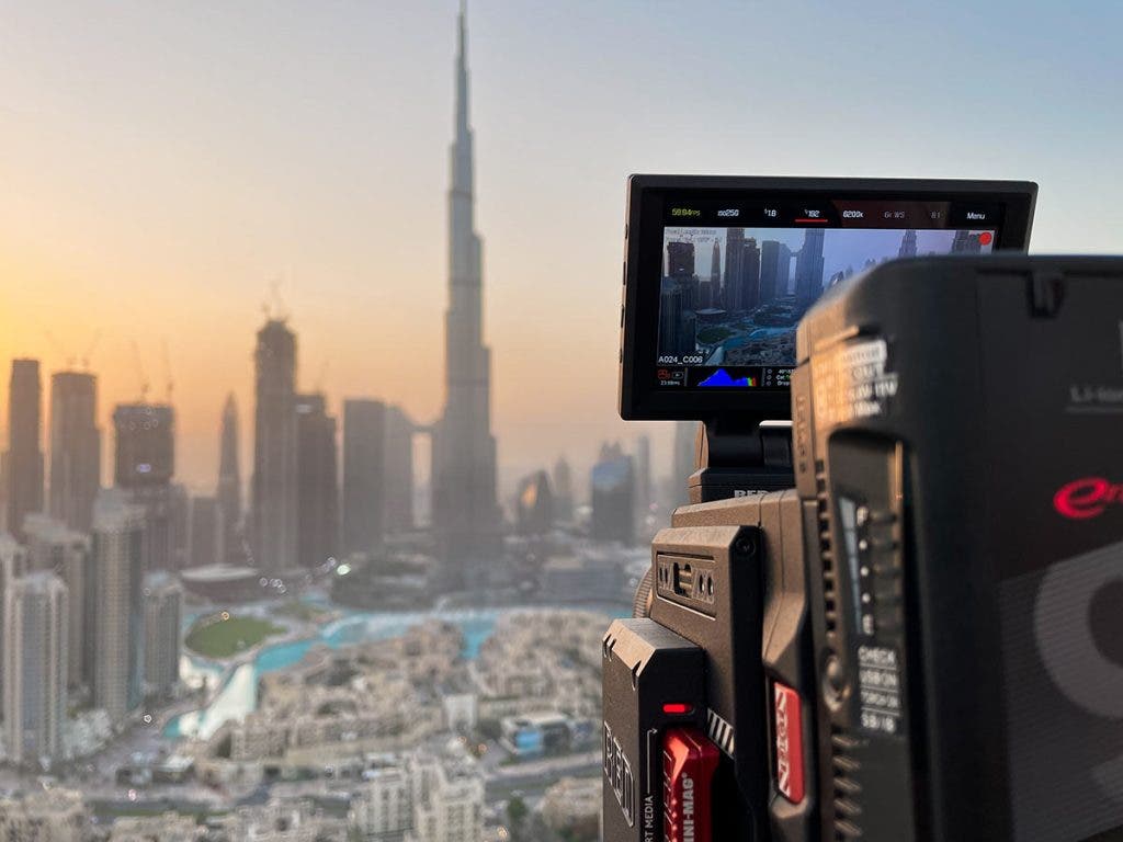 red film camera doing landscape shot