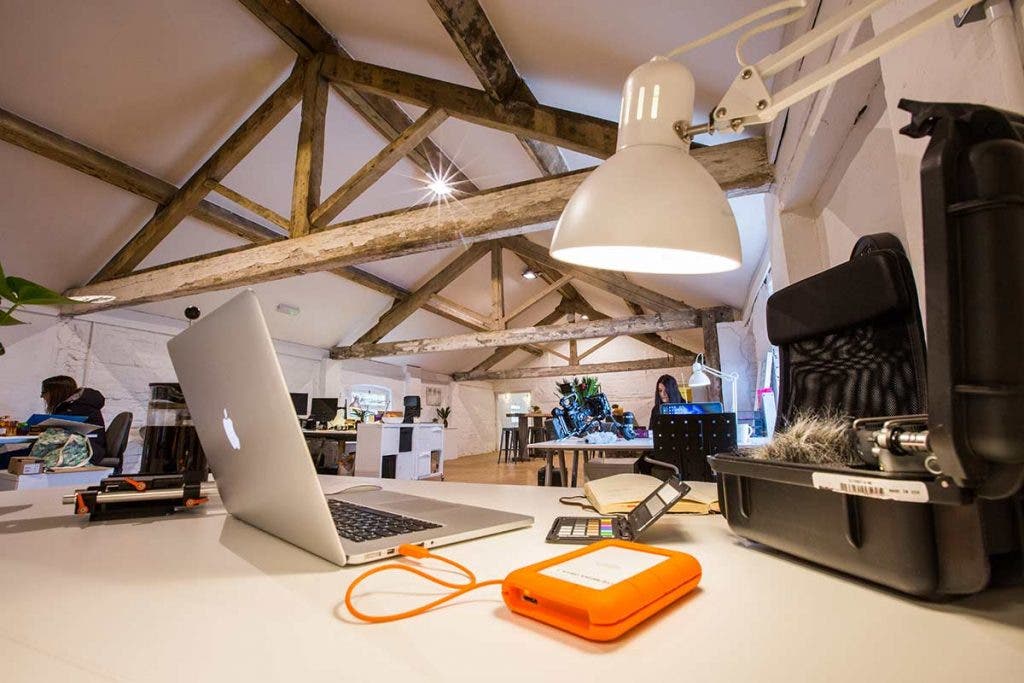 lacie external hard drive with laptop computer in photography studio