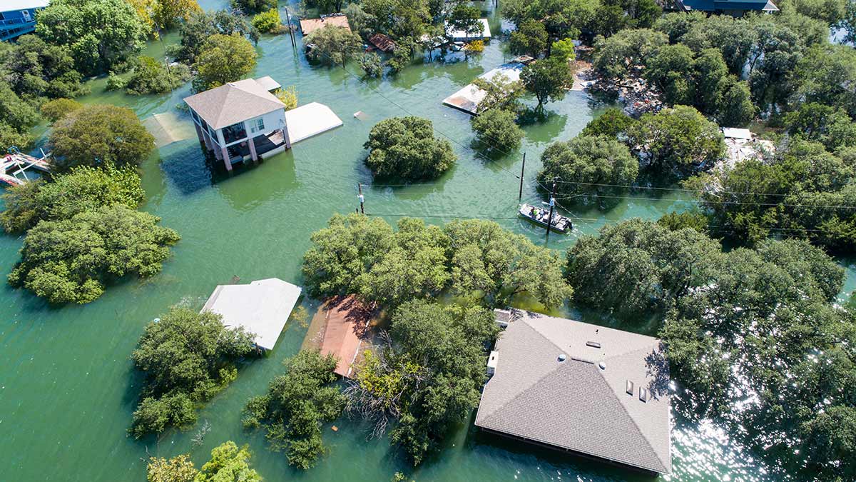 town flooding aerial view from drones in a natural disaster response