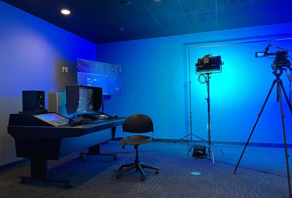 West Coast Baptist College video production studio setup with camera and lighting
