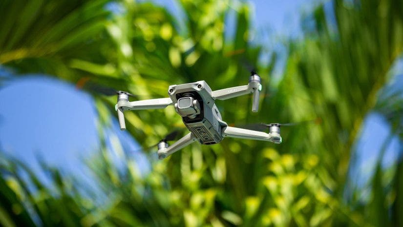 dji air 2s drone flying by palm trees