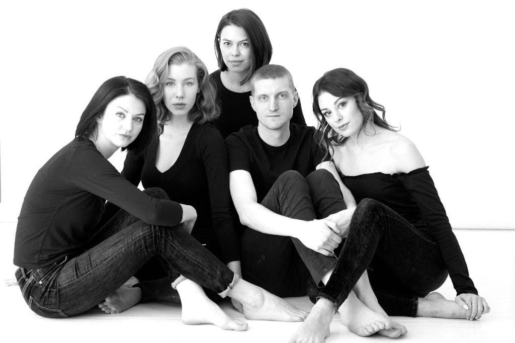 Daniel often uses scrims in his photography for shots like this group fashion portrait with 5 subjects. Shot in black and white.