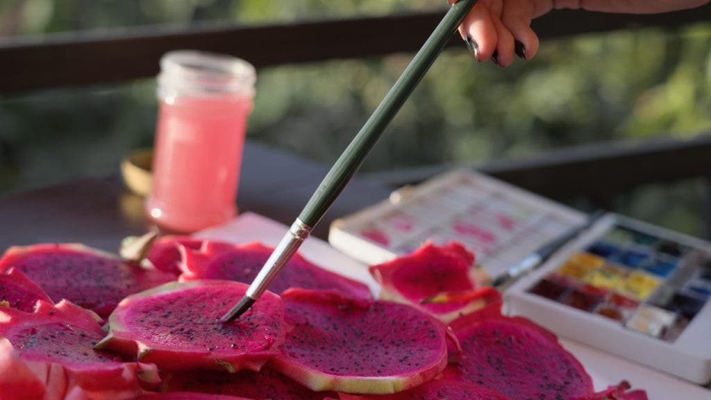 Artist painting real tropical fruits with watercolor paint. Funny hyperrealism concept. Contemporary art performance on plein-air with watercolours and easel of sliced dragonfruits in tropical garden. High quality photo