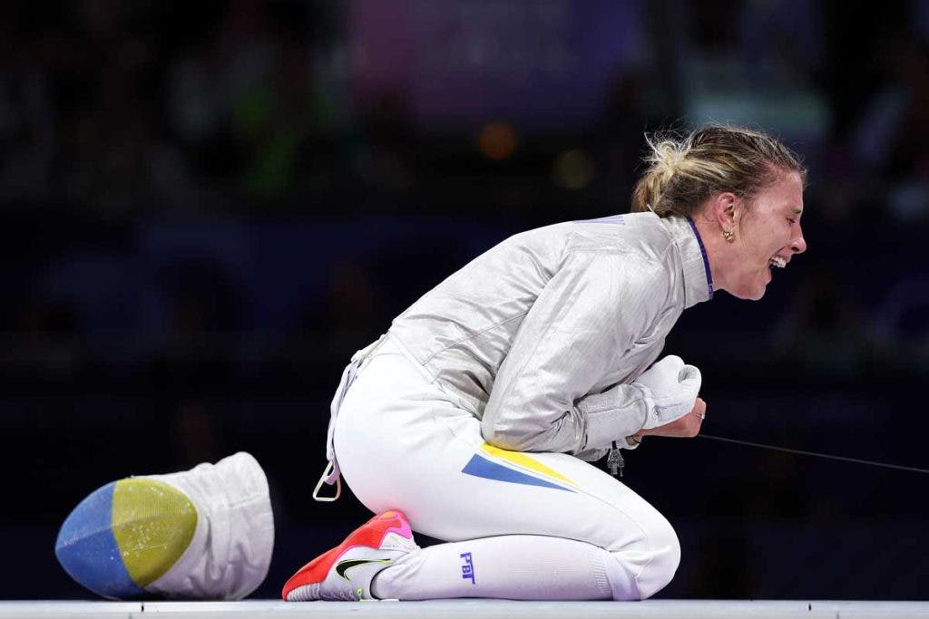 PARIS, FRANCE - JULY 29: Olga Kharlan of Team Ukraine celebrates winning the Fencing Women's Sabre Individual Bronze Medal Bout on day three of the Olympic Games Paris 2024 at Grand Palais on July 29, 2024 in Paris, France. (Photo by Al Bello/Getty Images)