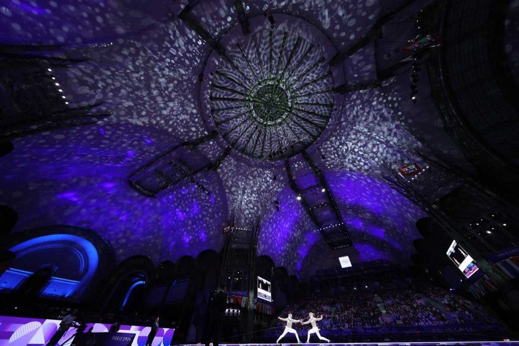 PARIS, FRANCE - JULY 29: A general view of action as Sara Balzer of Team France (L) and Manon Apithy-Brunet of Team France compete in the Fencing Women's Sabre Individual Gold Medal Bout on day three of the Olympic Games Paris 2024 at Grand Palais on July 29, 2024 in Paris, France. (Photo by Al Bello/Getty Images)