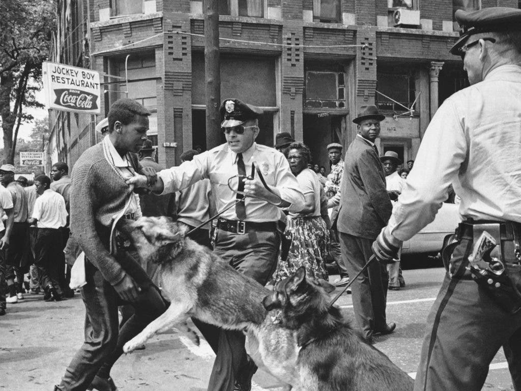 Journalism photography shows a 17-year-old Civil Rights demonstrator is attacked by a police dog