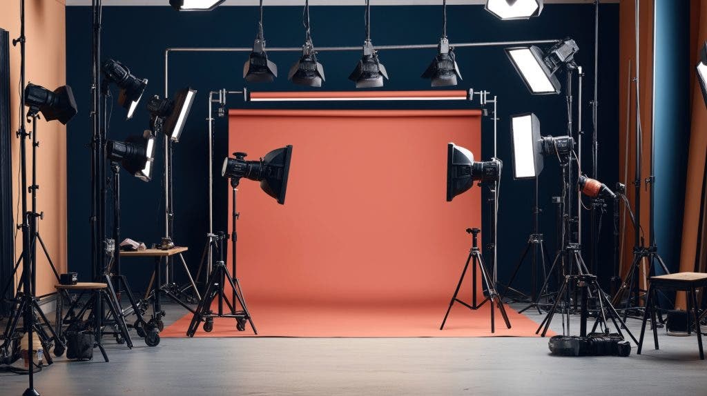 Professional photography studio with lighting equipment and coral colored backdrop setup for photoshoot