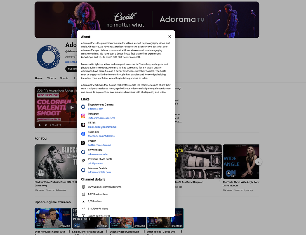 Setting up YouTube About