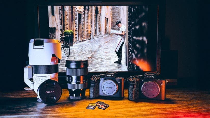 Muji's gear for street photography in front of a street photography image