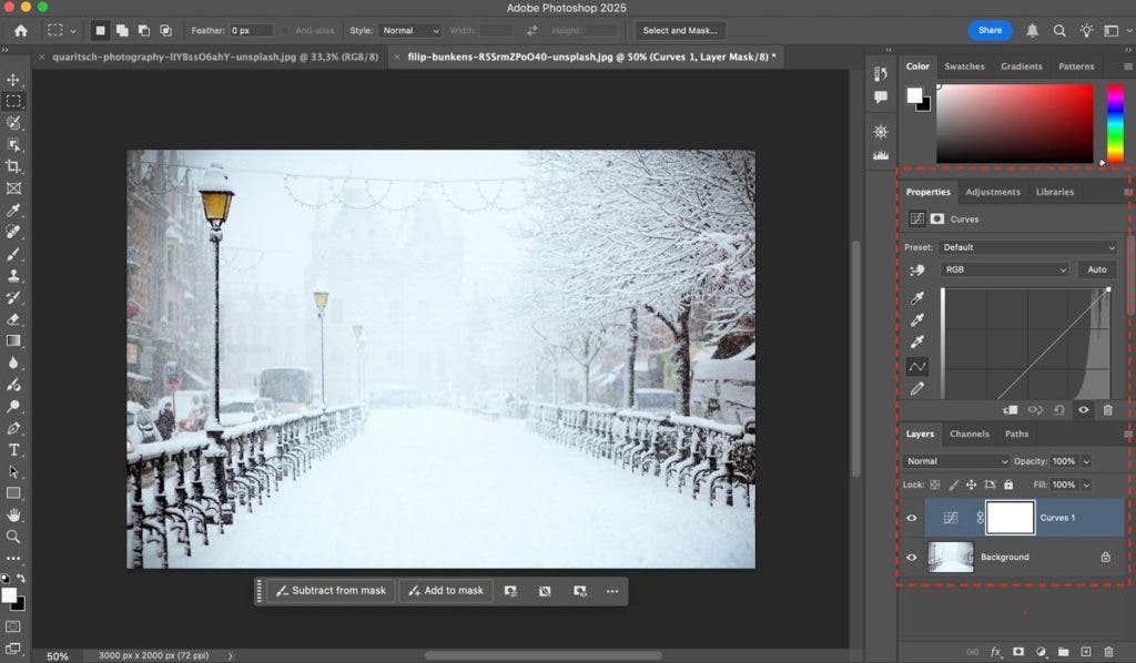 Image of a snowy street showing how to create a curves and levels adjustment layer