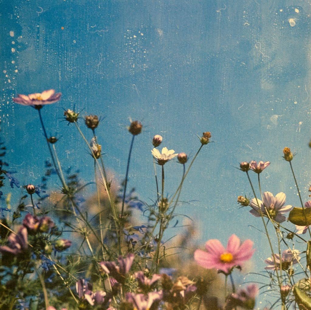 Film photography image of flowers - the image is covered with dust and scratches, which adds to its vintage feel