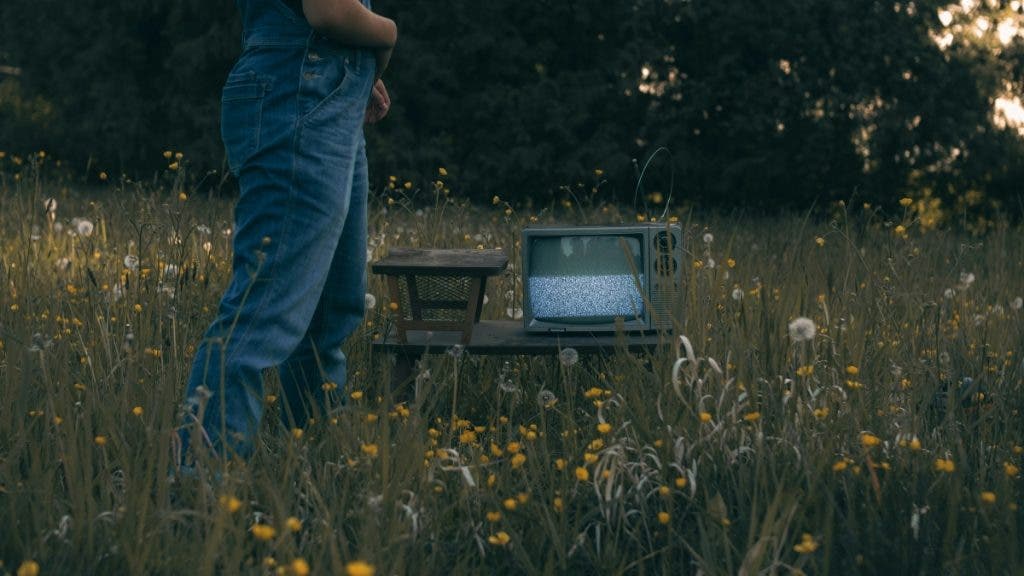 cinematic photo of a a man standing in a field next to a tv
