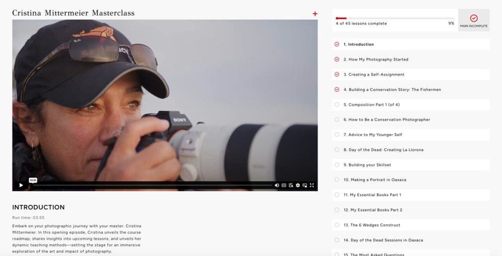 Cristina Mittermeier Masters of Photography course list and screenshot of video