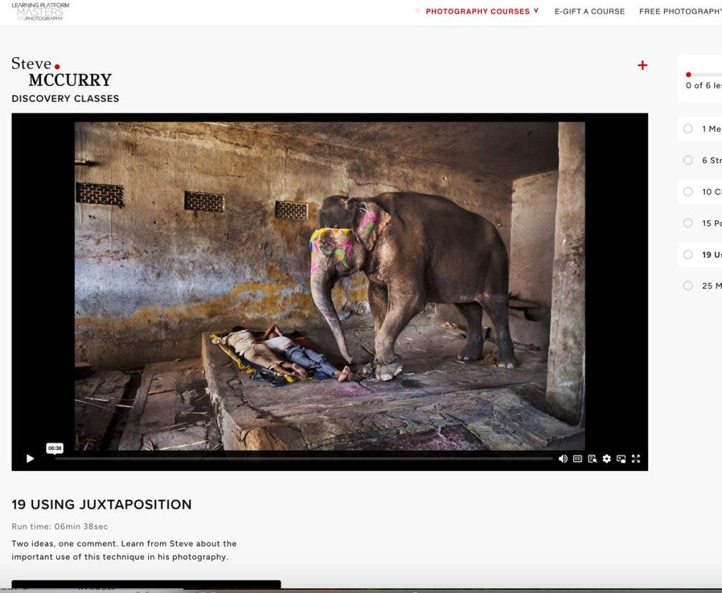 Steve McCurry Masterclass, lesson on juxtaposition. Showing 2 people with an elephant.
