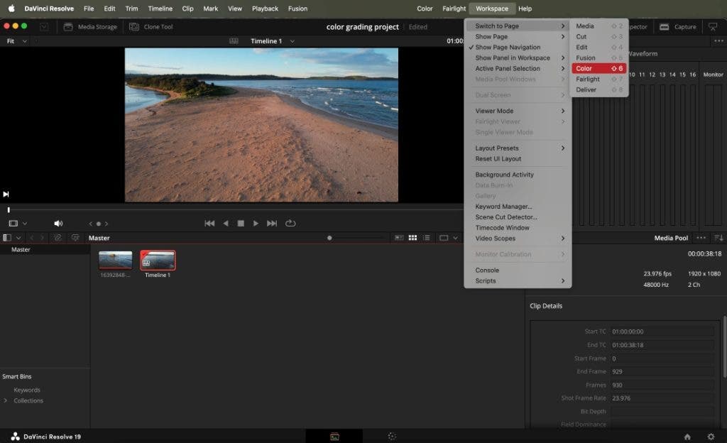 open color page in color grading Davinci Resolve screenshot