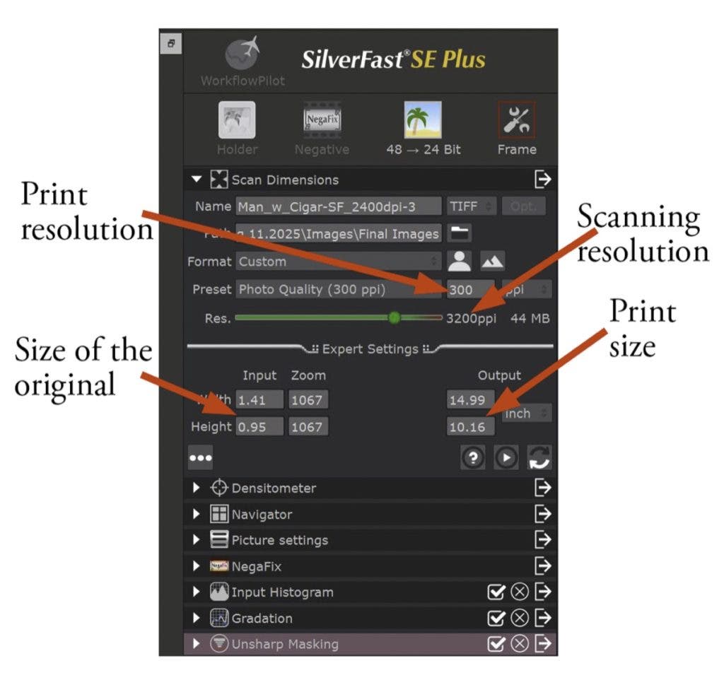 Insert Figure 2. These are the settings I use for 35mm prints up to 10x15 inches. Scanner: Epson Perfection V750 Pro, SilverFast SE Plus software.