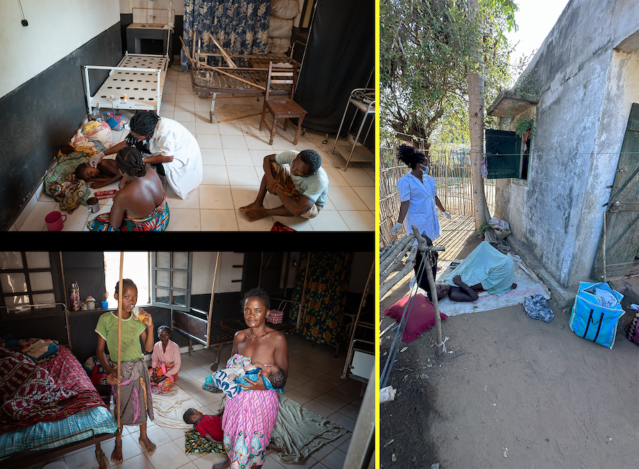 First Impressions of the hospital. Top left: doctor treating a sick child on the floor. Bottom left: Maternity Ward. Right: Child birth in progress outside the hospital on the ground