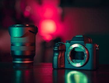 A professional mirrorless camera body and a high-end lens standing on a dark surface, illuminated by moody pink and teal studio lighting to illustrate the concept that the right gear pays for itself.