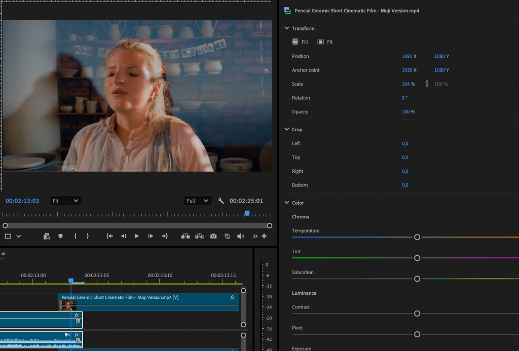 Editing Match Cut Example: Two videos are overlaid with the top clip having 50% opacity. The lower clip is scaled up to 104%, and the X position is moved to 1891 so that the faces align. 