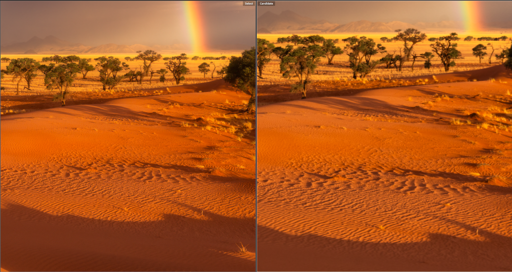 A side-by-side image comparison demonstrating a photo sharpening effect on a desert landscape. Both panels show the exact same scene of orange sand dunes, trees, and a rainbow. The left side, labeled "Select," appears slightly softer. The right side, labeled "Candidate," shows noticeably crisper, sharper details in the sand ripples and tree foliage.