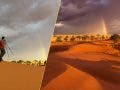 A split-screen composite image. The left panel shows a photographer viewed from behind, standing next to a camera on a tripod on a sand dune, looking out at a gray, overcast sky with a very faint rainbow. The right panel shows a vibrant, fully processed landscape of the same area: bright orange sand dunes, scattered green trees, dark dramatic storm clouds, and a brilliant, clear double rainbow.