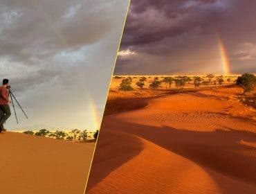 A split-screen composite image. The left panel shows a photographer viewed from behind, standing next to a camera on a tripod on a sand dune, looking out at a gray, overcast sky with a very faint rainbow. The right panel shows a vibrant, fully processed landscape of the same area: bright orange sand dunes, scattered green trees, dark dramatic storm clouds, and a brilliant, clear double rainbow.