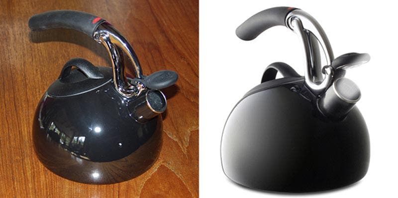 Reflective tea kettle before and after using double diffusion lighting