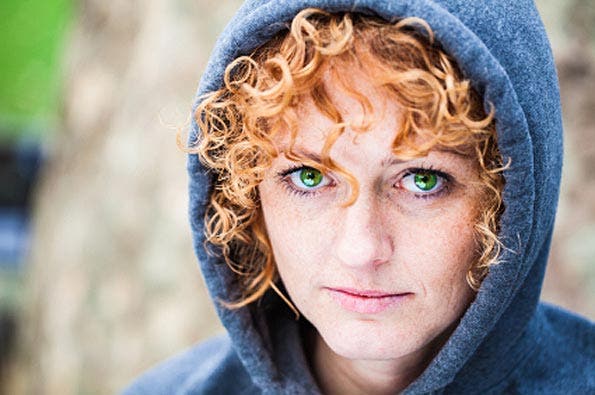 Woman in blue hoody